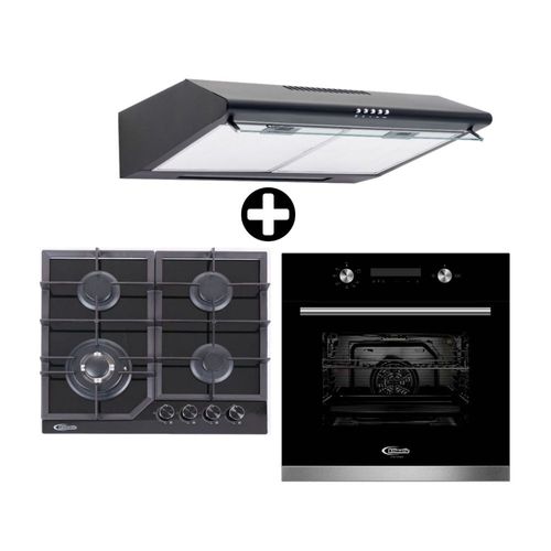 COMBO Klimatic: Cocina Empotrable Aleesia 4 Hornillas a Gas Negro + Campana CK601NE/M Negra 60cm + Horno empotrable a gas Bonn