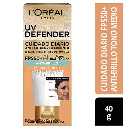 Protector Solar Anti Edad UV Defender L'Oréal Paris Skin Care FPS 50+ Anti Brillo Tono Medio - Tubo