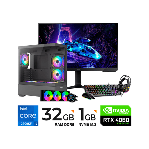 PC INTEL CORE I7-12700KF / 32GB RAM DDR5 / 1TB SSD M.2 / RTX 4060 / FUENTE 750W / MONITOR 27” / FREE