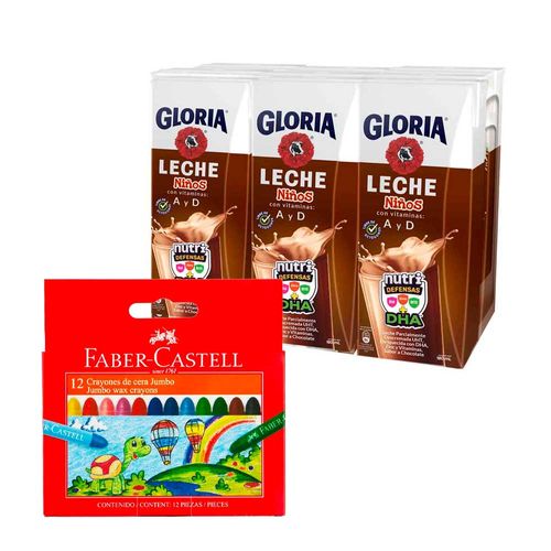 Pack Leche Chocolatada GLORIA UHT Caja 180ml x6un + Crayones de Cera FABER CASTELL Jumbo x12un