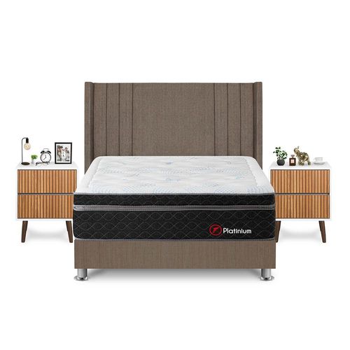 Dormitorio Platinium Queen + Velador Milan + Respaldo Marron