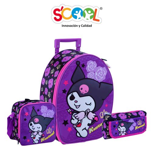 Pack Mochila Con Ruedas Carry On + Lonchera + Cartuchera Scool 3D Ranger Kuromi