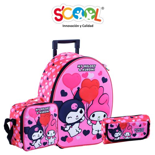 Pack Mochila Con Ruedas Carry On + Lonchera + Cartuchera Scool Oficio Hello Kitty