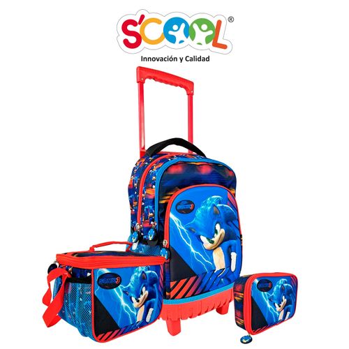 Pack Mochila Con Ruedas Carry On + Lonchera + Cartuchera Scool 3D Mg Sonic