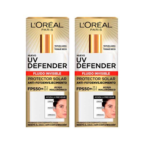 Pack Bloqueador UV Defender L'ORÉAL Fluido Invisible FPS50 Frasco 40g Paquete 2un