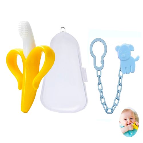 Mordedor Banana Amarillo Con Cadena Baby Froggie Perrito Azul Para Bebe