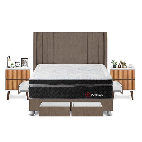 Dormitorio Platinium Con 4 Cajones King + Velador Milan + Respaldo Marron