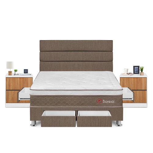 Dormitorio Boreal Con 4 Cajones Queen + Velador Roma + Respaldo Marron