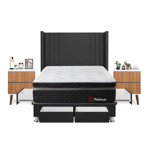 Dormitorio Platinium Con 4 Cajones 2 Plazas + Velador Milan + Respaldo Gris