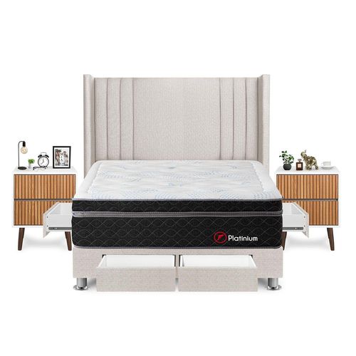 Dormitorio Platinium Con 4 Cajones King + Velador Milan + Respaldo Beige