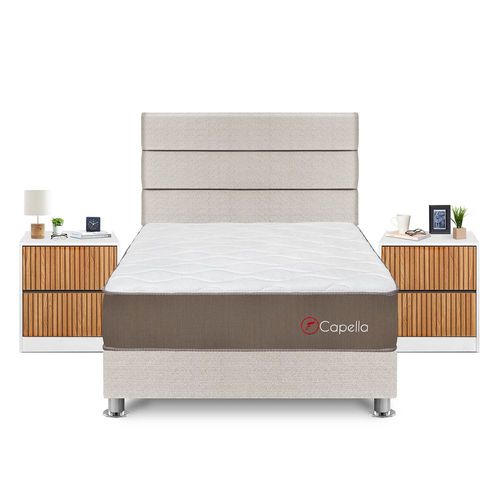 Dormitorio Capella 2 Plazas + Velador Roma + Respaldo Beige