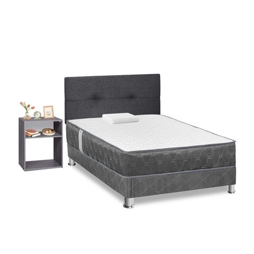 Dormitorio Acqua 1.5 Plazas + Velador Turin Plomo + Respaldo Gris