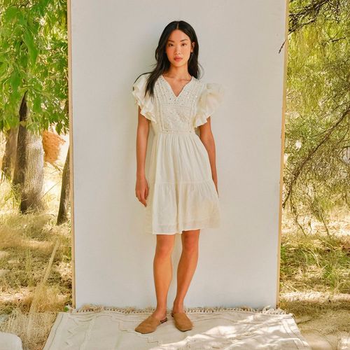 Vestido Bordado Pechera Sfera Mujer Crudo