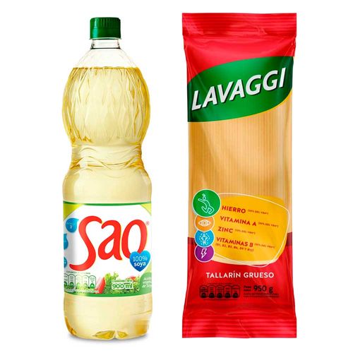 Pack Aceite de Soya SAO Botella 900ml + Fideo Tallarín LAVAGGI Bolsa 950g