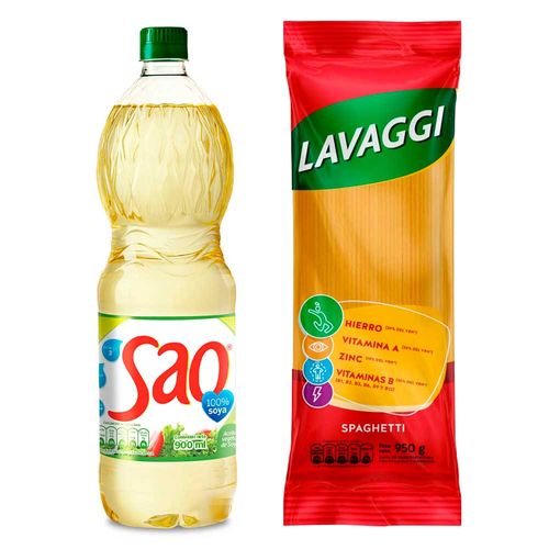 Pack Aceite de Soya SAO Botella 900ml + Fideo Spaghetti LAVAGGI Bolsa 950g