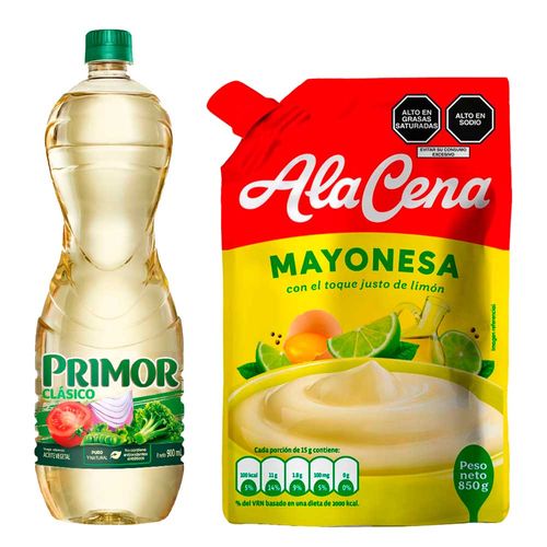 Pack Aceite Vegetal PRIMOR Clásico Botella 900ml + Mayonesa ALACENA Doypack 850g