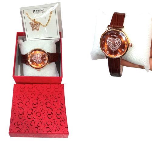 Set de Reloj corazon y collar en cofre dia de la madre - Marrón