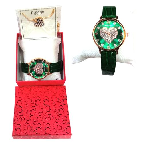 Set de Reloj Corazon y collar en cofre dia de la madre - Verde