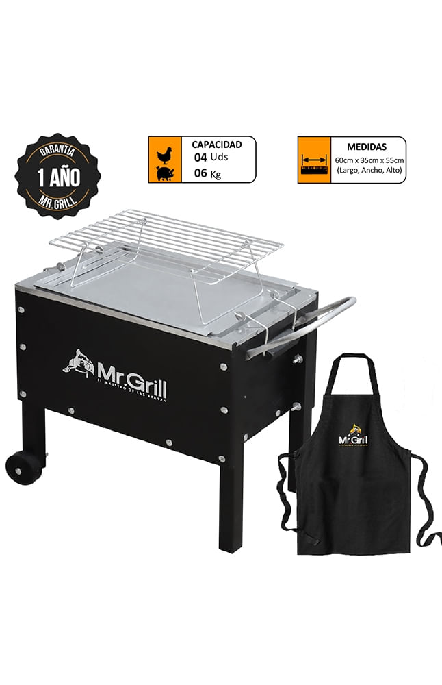 CAJA CHINA MR GRILL MEDIANA JR BLACK + PARRILLA DE VARILLAS + MANDIL