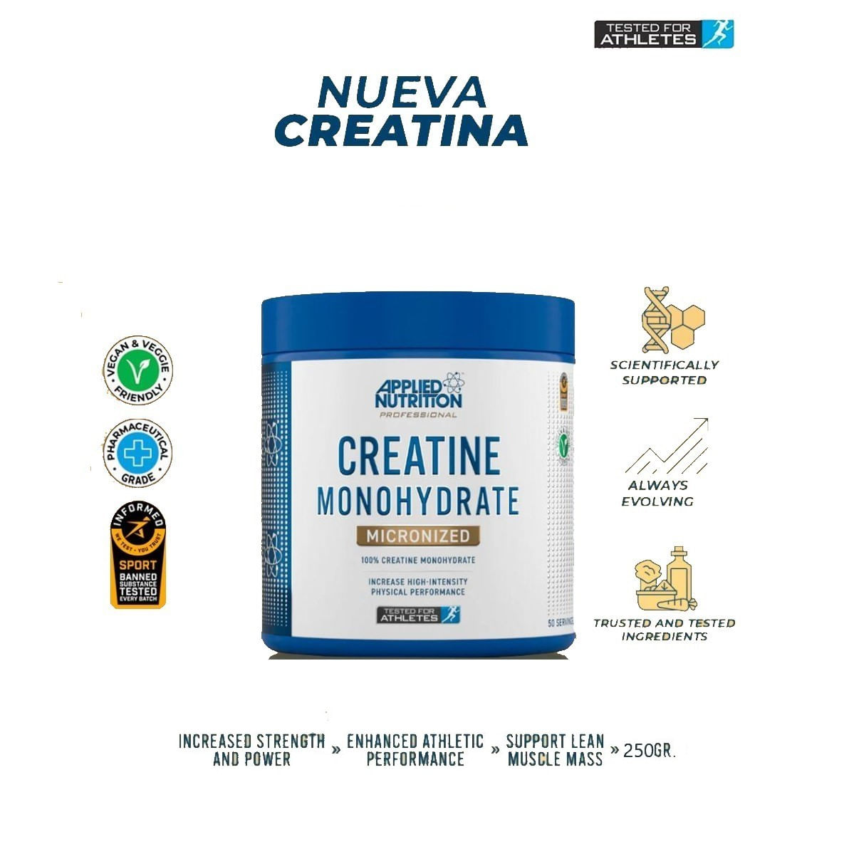 Creatina Monohidratada Certificada Applied Nutrition 250GR