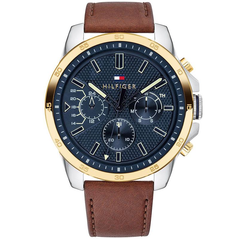 Reloj-Tommy-Hilfiger-Decker-1791561-Multifuncional-Correa-de-Cuero-Marron-Dial-Azul