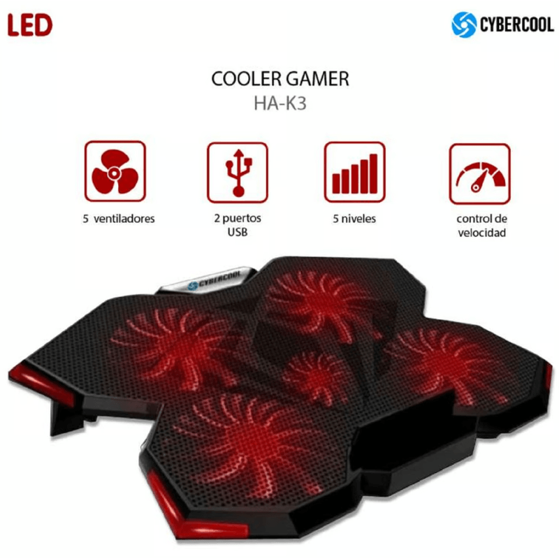Cooler-Para-Laptop-Gamer-Cybercool-5-Ventiladores-Ha-k3-Color-Negro-Led-Rojo