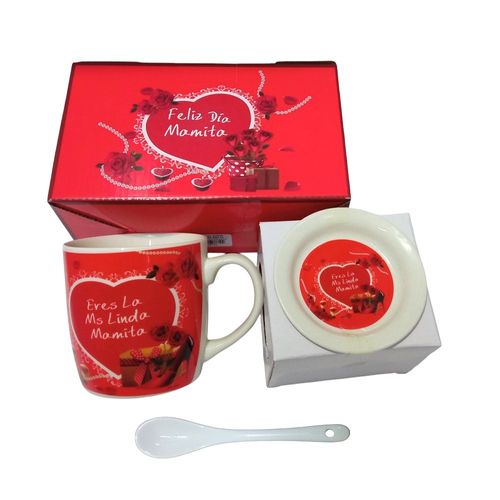Taza de te con cucharita y platito en cajita Rojas