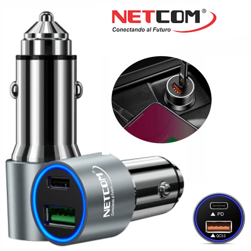 Cargador-para-Auto-1-USB-QC30-1-TIPO-C-NETCOM-34A-12V-24V-C-RAPIDA