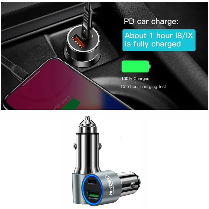 Cargador-para-Auto-1-USB-QC30-1-TIPO-C-NETCOM-34A-12V-24V-C-RAPIDA
