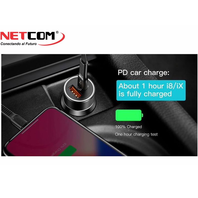 Cargador-para-Auto-1-USB-QC30-1-TIPO-C-NETCOM-34A-12V-24V-C-RAPIDA
