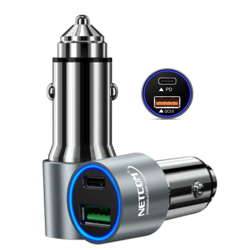 Cargador-para-Auto-1-USB-QC30-1-TIPO-C-NETCOM-34A-12V-24V-C-RAPIDA