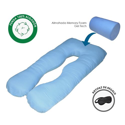 ALMOHADA EMBARAZO LACTANCIA MEMORY FOAM GEL CELESTE + REGALO ANTIFAZ  TERAFLEX
