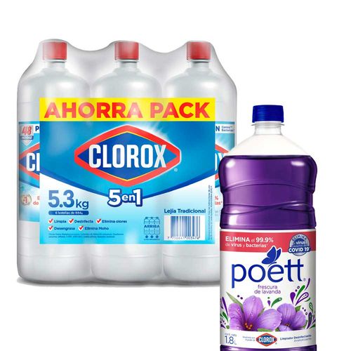 Pack Limpiador POETT Frescura de Lavanda Botella 1.8L + Lejía CLOROX Tradicional Ahorrapack Botella 884g x 6un