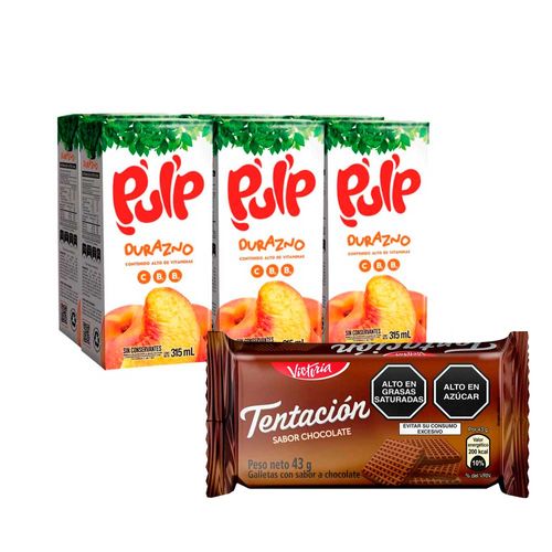 Pack Galleta VICTORIA Tentación Sabor de Chocolate Bolsa 43g x 6un + Bebida PULP Durazno Caja 315ml x 6un