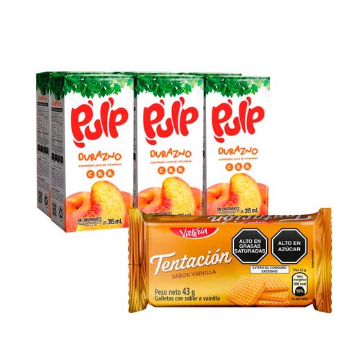 Pack Galleta VICTORIA Tentación Sabor de Vainilla Bolsa 43g x 6un + Bebida PULP Durazno Caja 315ml x 6un