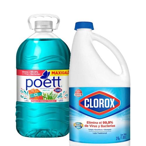 Pack Lejía CLOROX Tradicional Botella 2kg + Limpiador POETT Alegra tu Día Botella 4.5L