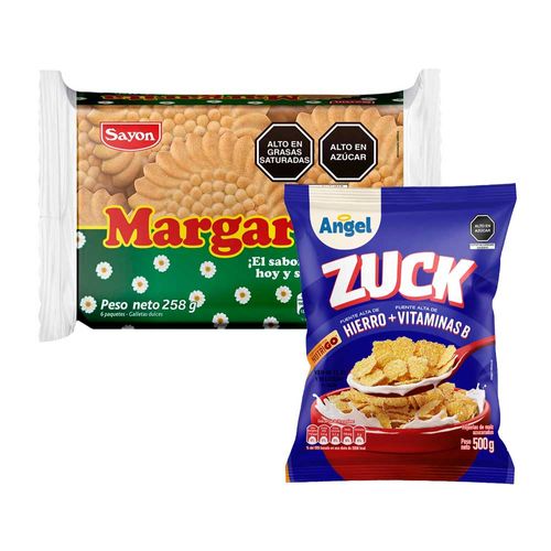 Pack Galletas SAYON Margarita Bolsa 43g + Cereal ANGEL Hojuelas de maíz azucaradas Bolsa 500g