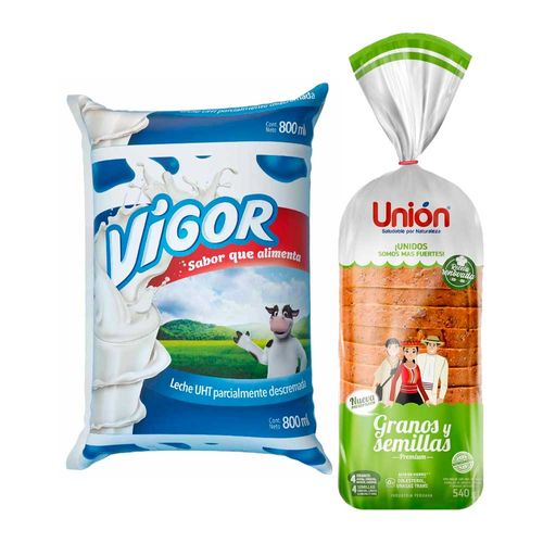 Pack Pan de Molde UNIÓN Granos Integrales Bolsa 540g + Leche UHT VIGOR Bolsa 800ml