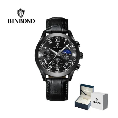 Reloj BINBOND para Hombre - Elegante - Cuero - Negro/Negro