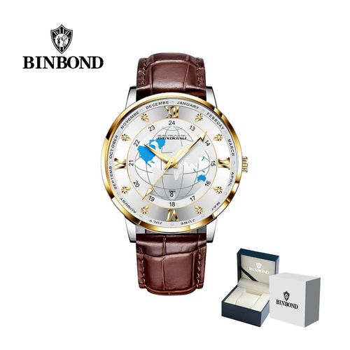 Reloj BINBOND para Hombre - Elegante -Blanco/Oro  Cuero
