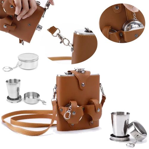 Licorera Acero Inoxidable 18 Oz Con Forro Cuero Con 2 Vasos CAFE