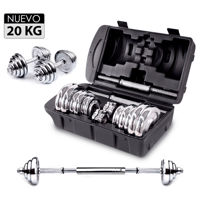Set-de-Pesas-20-kg-Mancuernas---Adaptador---Maletin