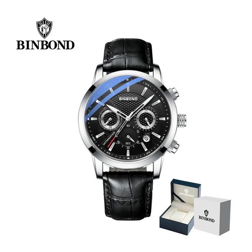 Reloj BINBOND para Hombre  Elegante Cuero Negro/Plata