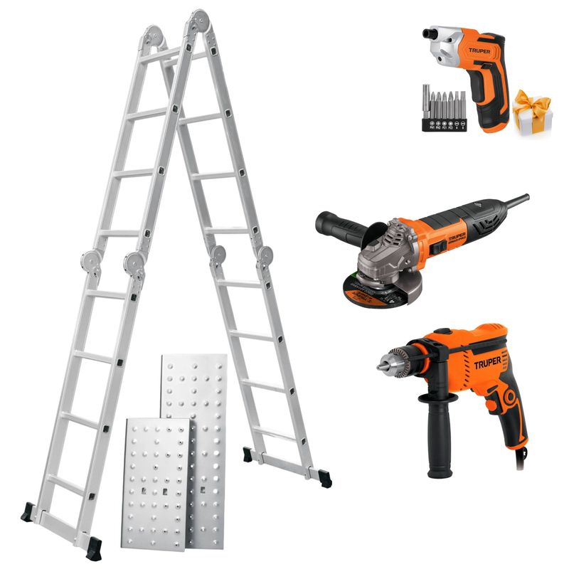 COMBO-Escalera-multiposicion-16-peldaños-AMOLADORA-850w-TALADRO-600W