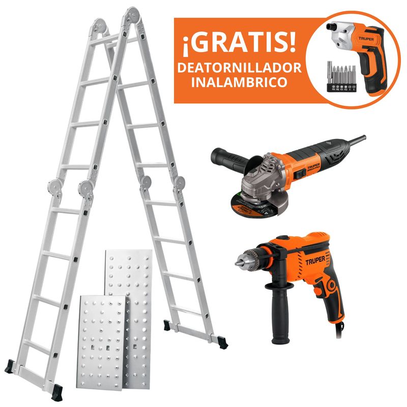 COMBO-Escalera-multiposicion-16-peldaños-AMOLADORA-850w-TALADRO-600W