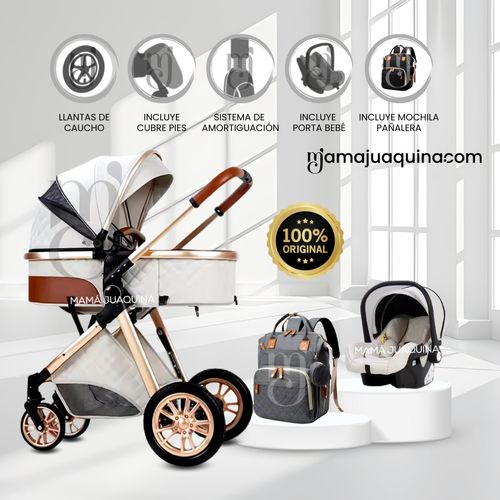 Coche Moisés «MADRID» Con Portabebé y Mochila Pañalera - Blaco