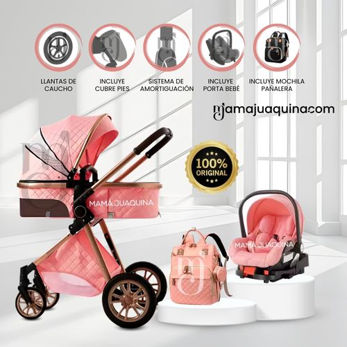 Coche Moisés «MADRID» Con Portabebé y Mochila Pañalera - Rosa