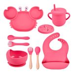 Set-plato-cangrejo-babero-cubiertos-y-vaso-rosa-para-bebe