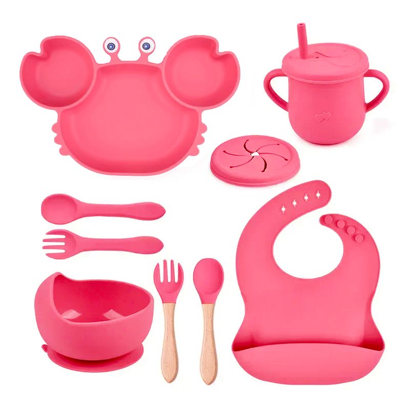 Set-plato-cangrejo-babero-cubiertos-y-vaso-rosa-para-bebe