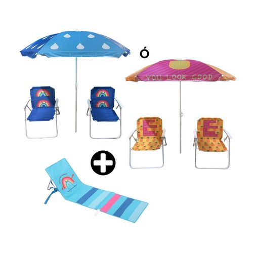 COMBO Casa del Mediterráneo Orange: Sombrilla + 2 Sillas Infantil + Colchoneta Plegable de Poliéster Azul de 110 cm